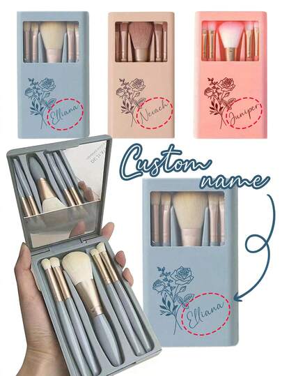 Set de 5 piezas de brochas de maquillaje portátiles personalizables con espejo, impresas con un sencillo patrón floral, set de brochas de maquillaje en caja, brocha de maquillaje multifuncional con estuche con espejo, mini bolígrafo multifuncional de maquillaje, brocha de base de maquillaje