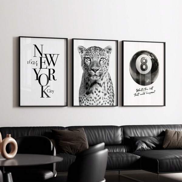 1/3pcs Frameless Set Of 3 Black White Leopard Print Wall Art, Stockholm Modern Aesthetic Poster, Y2K Animal Pattern Print, Chic Apartment Decor For Living Room, Bedroom, Dorm | Scandinavian Style, Room Decor, Vintage Prints, Dorm Essentials
