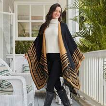 Women's Warm Shawl Wrap Cape Winter Cardigan Sweaters Open Front Poncho - A22-黑色 - 查看 3