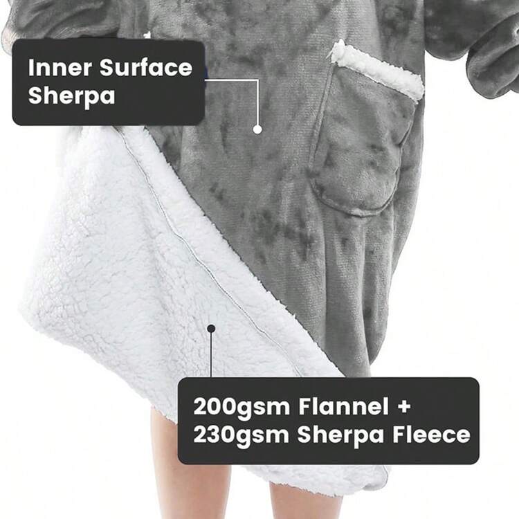 1 件法兰绒超大 48 英寸宽松休闲连帽可穿戴毛毯，适合男女，圣诞节抱抱 - 灰色 - 查看 4