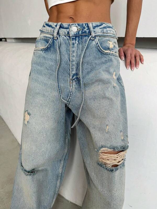 Jeans rotos de estilo callejero para mujer, con bolsillos, suaves y elegantes, de pierna recta y lavado desgastado para uso casual