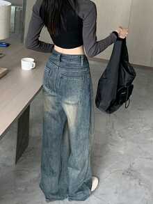 Women's High Waist Loose Straight Leg Dark Blue Denim Jeans