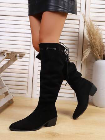 复古粗跟仿麂皮褶皱过膝长靴，西部牛仔系带弹力过膝长靴