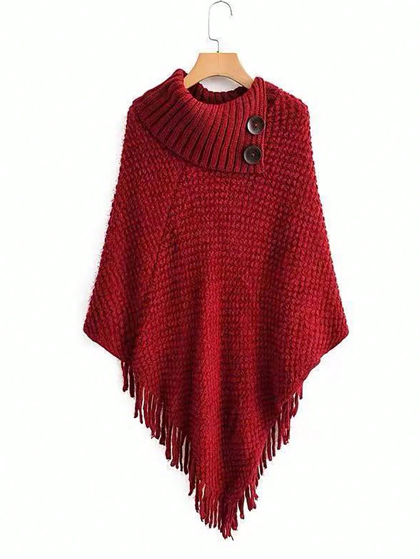 1 قطعة بونشو نسائي مصنوع من الصوف بياقة عالية وأزر...