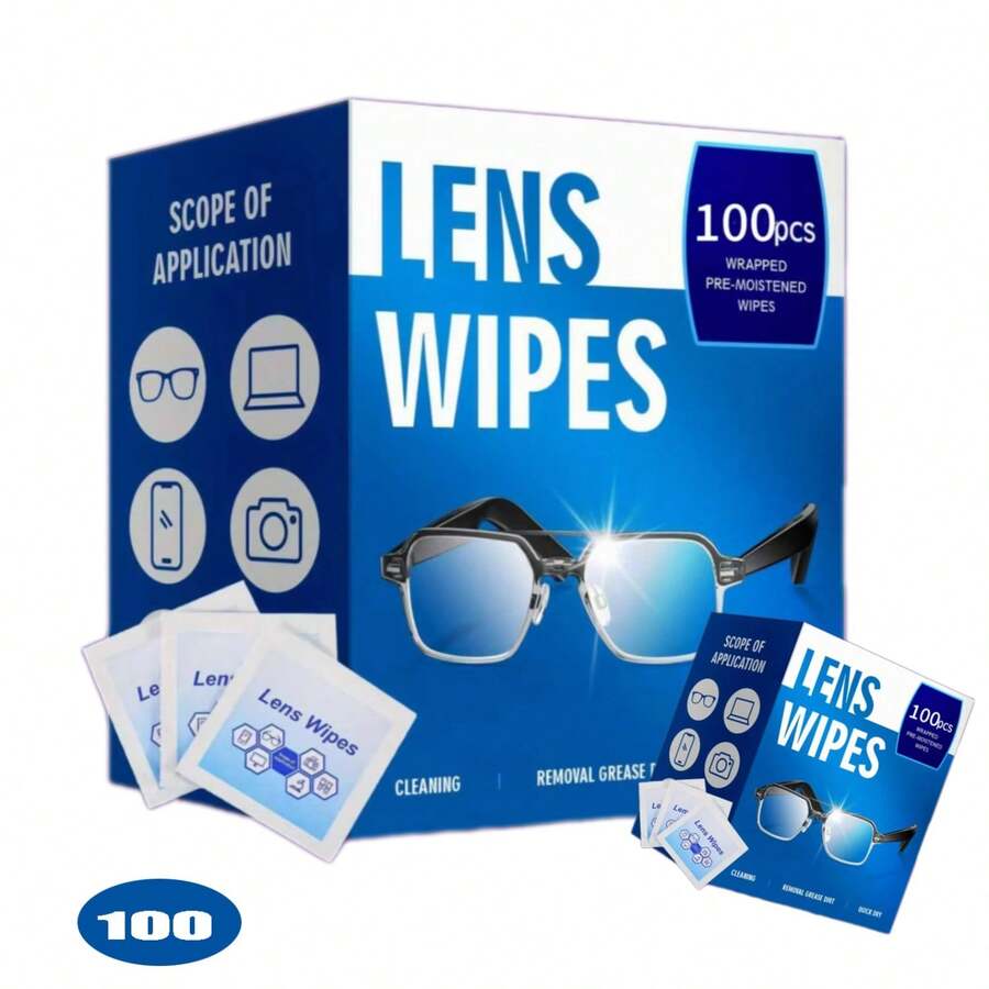 100-Count Disposable Eyeglass Cleaning Lens Wipes - Moist, Individually Wrapped Lens Cleaner For Eyeglasses, Fashion Eyewear, Phone Screens, Electronics, And Camera Lenses - Easy To Carry, Eyeglass Cleaner, Screen Cleaning, Compact Design, Durable Packaging, Screen Protector, Cleaning, High-Quality Lens Wipes, Screen Protector, Tech Enthusiast - 100 tablets per box - View 1