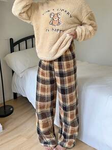2pcs Women Long Sleeve Pajama Set, Cute Bear Embroidery & Print Fleece Crew Neck Top And Plaid Pants, Comfortable & Warm For Autumn/Winter - Brown - View 9