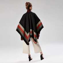Women's Warm Shawl Wrap Cape Winter Cardigan Sweaters Open Front Poncho - A2-黑色(條紋) - 查看 4