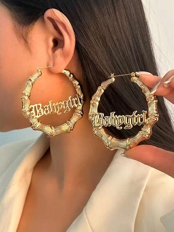 2 piezas Pendientes redondos de bambú con junta de estilo hip-hop, pendientes creativos con forma de corazón y letra