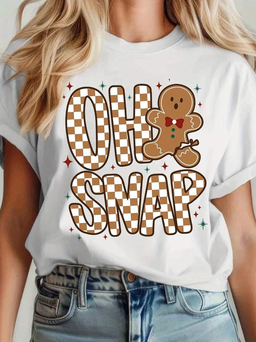 Oh Snap Gingerbread Man Christmas T-Shirt For Women Holiday Fun Festive Gift Xmas Sweater Party Outfit Cute Christmas Tee Top - trắng - Xem 1
