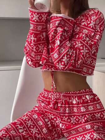 两件套女士休闲圣诞新年印花针织抽绳长袖上衣和裤子家居服套装，适合居家穿着，秋季款