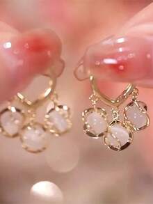 1 Pair Elegant Copper Tone Earrings With Faux Pearl Beads And Shimmering White Gems, Perfect Gift For Birthday, Christmas, Anniversary