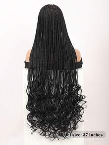 37 英寸全双蕾丝前部无结盒状编织假发，适合女士，带婴儿头发，超长辫子假发，带卷发尾，蕾丝前部编织合成假发