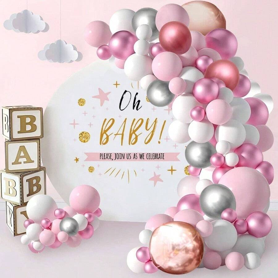 Juego de Guirnaldas de Globos, 110 Piezas de Arco de Globos Macaron Azules Blancos, con Globos Azules Metlicos, Globos de Lmina Plateada 4D, para Decoracin de Cumpleaos, Boda, Shower - Rosa - Ver 1
