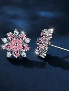 2pcs Elegant Women's Earrings, Flower Design With Sparkling Zirconia, Romantic Holiday Gift
