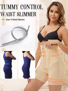 1 pieza Pantalones cortos moldeadores de cintura alta con cremallera, control de abdomen y elevación de glúteos - Albaricoque - Ver 5