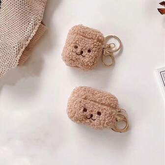1个棕色可爱毛绒泰迪熊防摔耳机保护套+钥匙扣蓝牙耳机保护套，兼容苹果1/2/3/Pro/Pro 2代，秋冬季创意设计