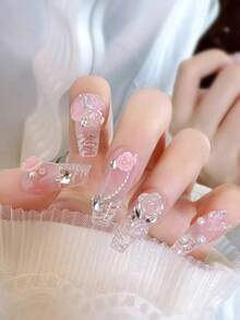 ! !Random Style. 10Pcs/Set Delicate 3D Floral & Butterfly Handmade Nail Art, Valentine'S Day Nails, Long Coffin-Shaped Faux Pearl Wavy French Fake Nails For Women Diy Spring/Summer Nail Art, Suitable For New Year Nails, Wedding Bride Nails Press On Nails Nail Supplies Nails