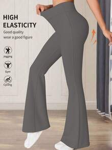 Petite Casual Sports Solid Color High Waist Flare Pants - Dusty Purple - View 3