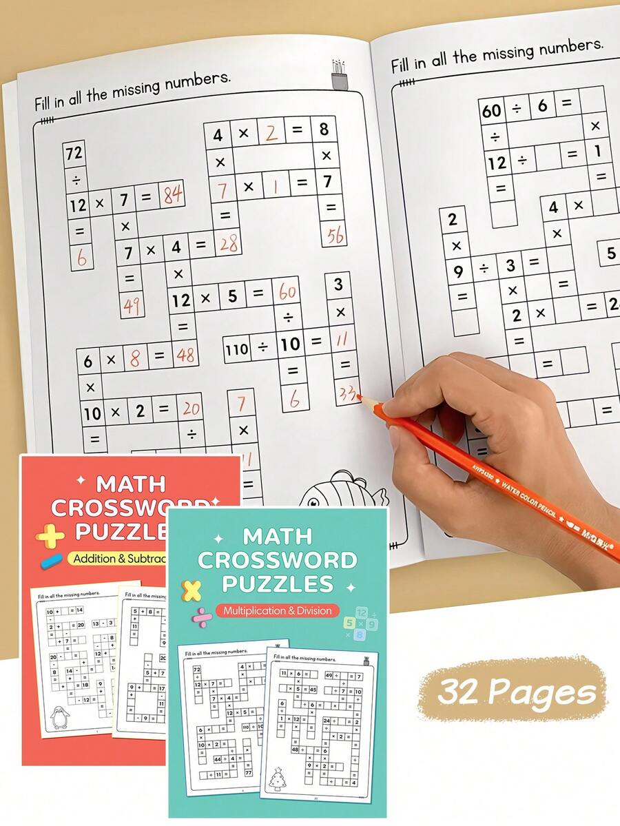 Math Crossword Puzzles For Kids Ages 6-12, Addition Subtraction Multiplication Division Practice Games, Timed Criss Cross Challenges, Learning Activity For Grade 3-4, Solutions Included, Educational Learning Tool For Boys Girls