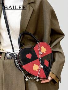 BAILEE Fashionable Personalized Fun Poker Heart Color Blocked PU Leather Three-Dimensional Zipper Style With Chain Decoration Women's Handbag Perfect For College&Work&Commute&Outdoors&Travel&Outings&Shopping&Gifts To Friends