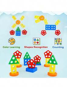 5pcs Wooden Geometric Shape Stacking Blocks, Multicolor Shape & Color Matching Cognitive Number Stacking Toys, Early Educational Montessori Learning Toys For Children - Multicolor - View 6