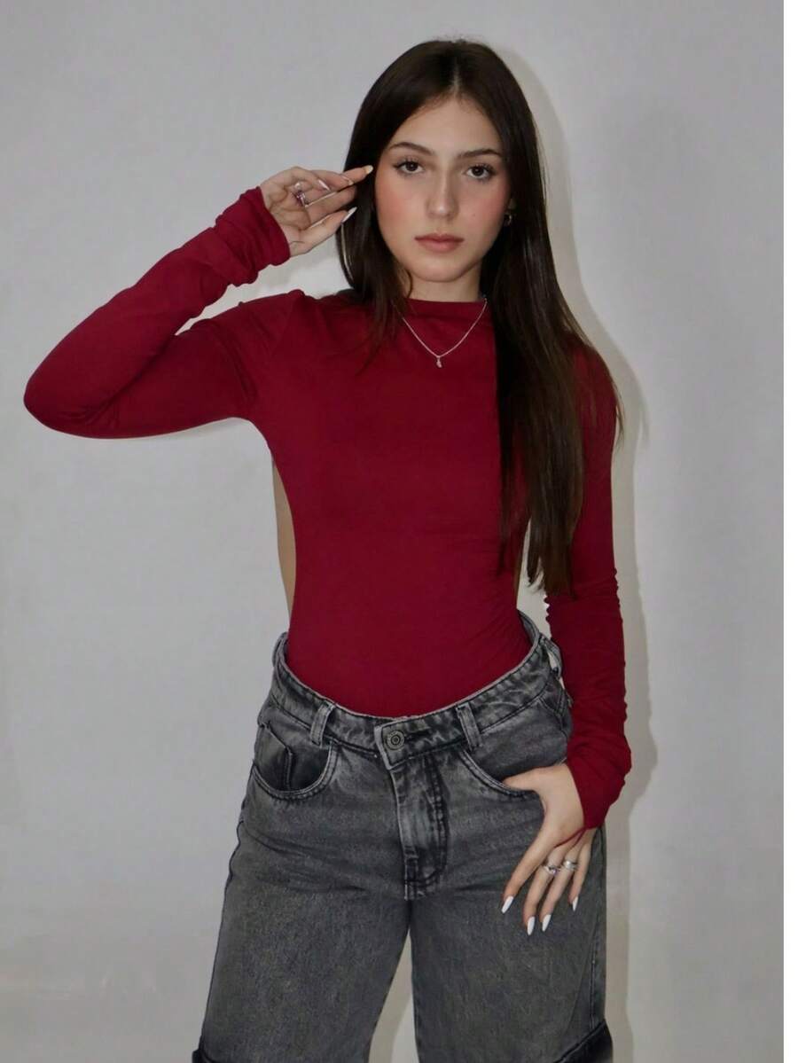 Women's Boddy With Open Back, Long Sleeves, Polyamide, Gringa Style - 酒紅色 - 查看 1