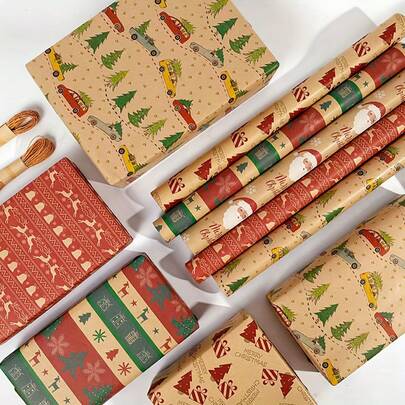 6pcs Vintage Brown & Red Christmas Gift Wrapping Paper, Featuring Reindeer, Tear-Resistant, Thick & Durable, For Gifts, Cards, Elegant Minimalist Christmas Design, Seasonal