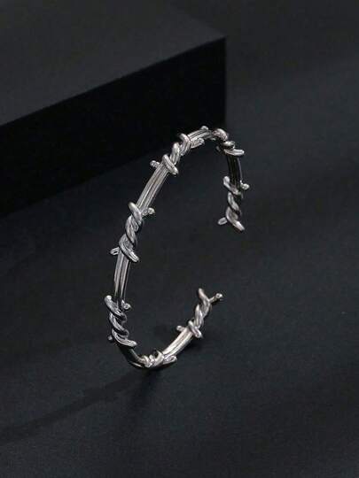 1pc Men's Twisted Double Barbed Wire Cuff Bracelet, Gothic Style Bracelet, Halloween Gift