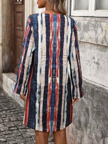 Vestido casual de mujer con cuello en V, mangas con volantes y estampado de rayas suelto