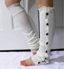 Button Decorated Knitted Over-The-Knee Socks For Women, Long JK Slouch Socks, Autumn And Winter Warm Retro Style Leg Warmers, Pair With High Heels And Boots - 淺灰 - 查看 4