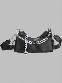 DareSee Fashionable Versatile Casual Small Hobo Bag With Chain Decor MusicFest Y2KFest Back To School Autumn , Bags Perfect For Fancy Party Matching With Costumes Winter Gifts - Black - View 2