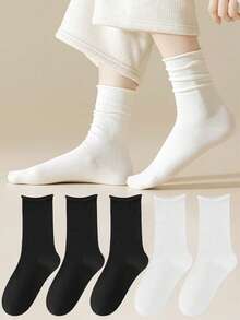 1/6 Pairs Women Melon Color Solid Cuffed Simple Versatile Comfortable Elastic Casual Socks, Suitable For Home, Spring/Autumn/Winter, Thermal Lined Mid-Calf Socks