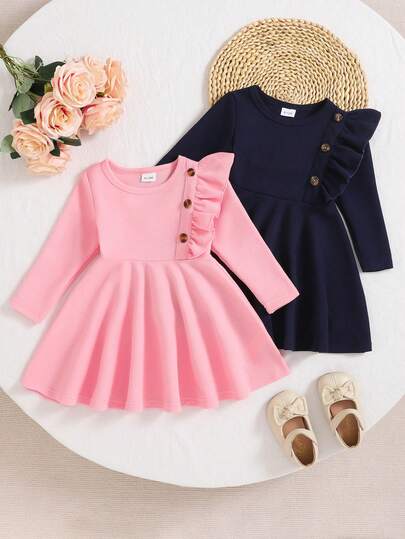 فستان طقم بياقة مكشكشة بأكمام طويلة للبنات الصغار، باللون الأزرق الداكن والوردي، جذاب للخريف والشتاء، قطعتان