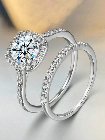 ESBERRY Set de 2 anillos de compromiso, boda, apilables, promesa, eternidad de plata esterlina S925 con moissanita brillante, regalo de joyería de lujo para el Día de San Valentín