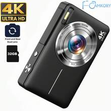 Cámara digital CAMKORY 4K, cámaras de 4K 64MP para fotografía, cámara digital de punto y disparo con doble cámara, enfoque automático, zoom 16X, anti-sacudidas, tarjeta de 32GB, cámara compacta para vlogging para adolescentes y adultos