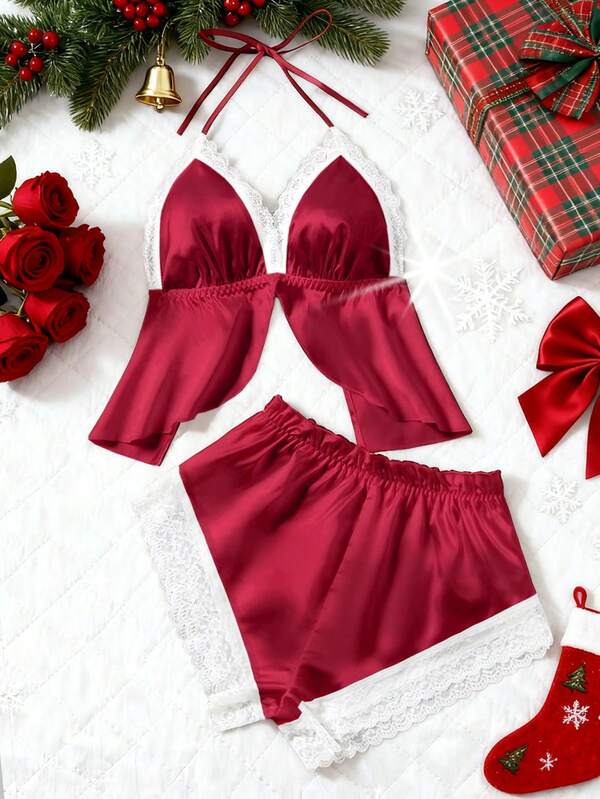 Christmas Gift Erotic Lingerie Lace Trim Satin Sexy Lingerie Set - Halter Neck Slit Camisole Bra & Stretchy Shorts - Women's Erotic Underwear Comfortable Home Sleepwear Valentine's Day Gift