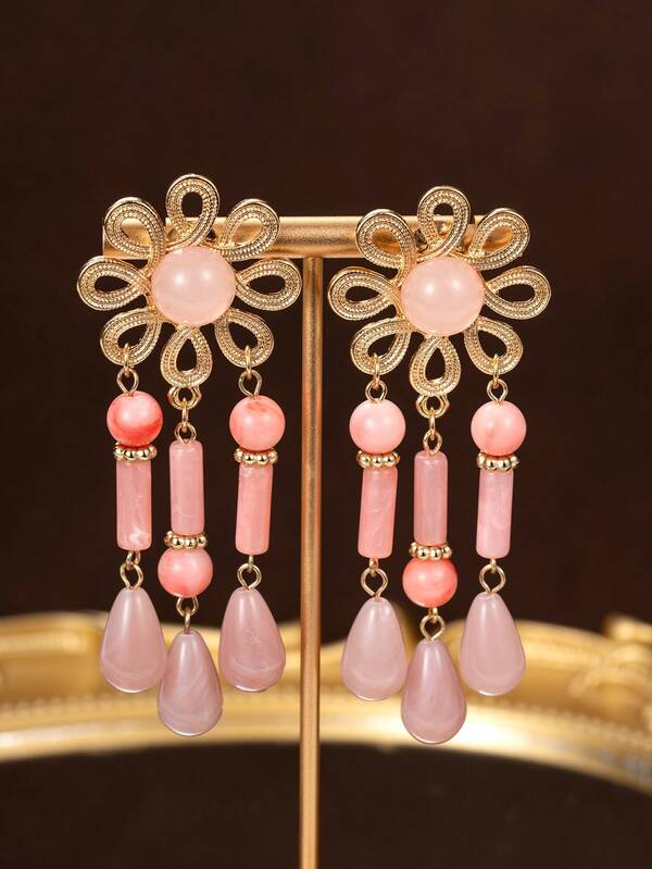 1 Pair Fashionable Vintage Flower Shaped Hollow Floral Jelly Geometric Beaded Tassel Oversized Hoop Earrings, Suitable For Festivals, Parties, And Vacations