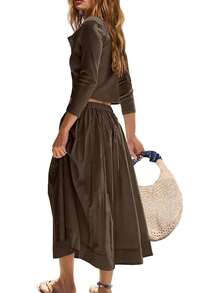 Women's Essential Casual Lightweight Three-Quarter Sleeve Knit Cardigan Elastic Waist Skirt Matching Two-Piece Set - 咖啡棕 - 查看 2