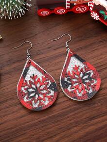 1 par de pendientes de mujer navideños, pendientes vintage de invierno con copo de nieve de cuadros rojos y negros con purpurina, colgante de gota de agua hueco, pendientes de doble capa de PU brillante, regalo para fiesta