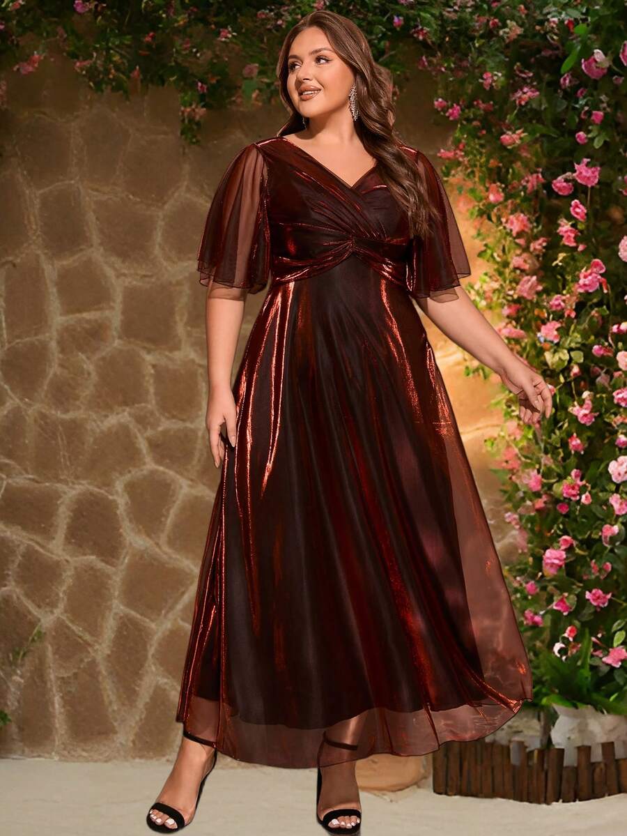 Women's Elegant Ombre Cocktail Party Dress, Formal Maxi Gown With High Slit, Criss-Cross Ruffle Hem, Metallic Fabric, Suitable For Formal Events, Weddings, Galas, Concerts, Parties In Spring, Summer, Autumn, Christmas - Burgundy - View 1
