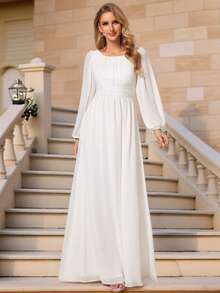 Elegant Wedding Dresses For Bride Chiffon White Dress Round Neck Lantern Sleeve Bridesmaid Dress Wedding Guest Gown For Wedding Formal Dresses