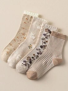 1/4 Pairs Beige Lace Ruffled Rabbit Print Stripe Pattern Breathable Cute Elastic Casual Student Moisture-Wicking Mid-Calf Socks For Women, Suitable For Easter, Fall