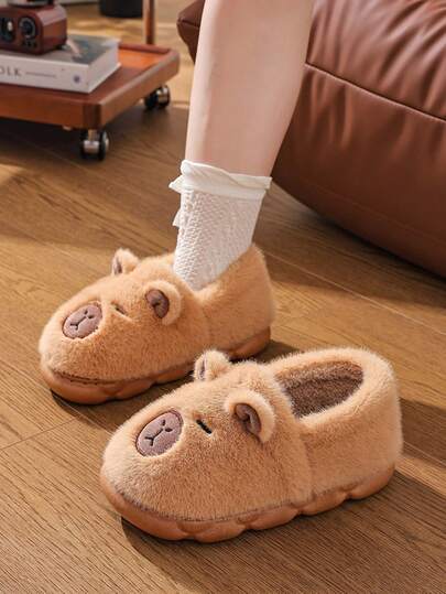 1 双卡通可爱水豚冬季拖鞋，防滑软底室内外女式拖鞋