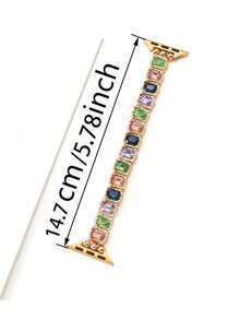 1pc Compatible With Apple Watch Band, Women's Fashion Colorful Square Glass Diamond Metal Elastic Cord Strap, Compatible With Apple Watch 38/40/41/42/44/45/46/49mm, Compatible With Apple Watch Ultra/SE/10/9/8/7/6/5/4/3/2/1 Series, Lightweight And Stylish, Suitable For Daily Life And Summer Beach Wear - Gold - View 4