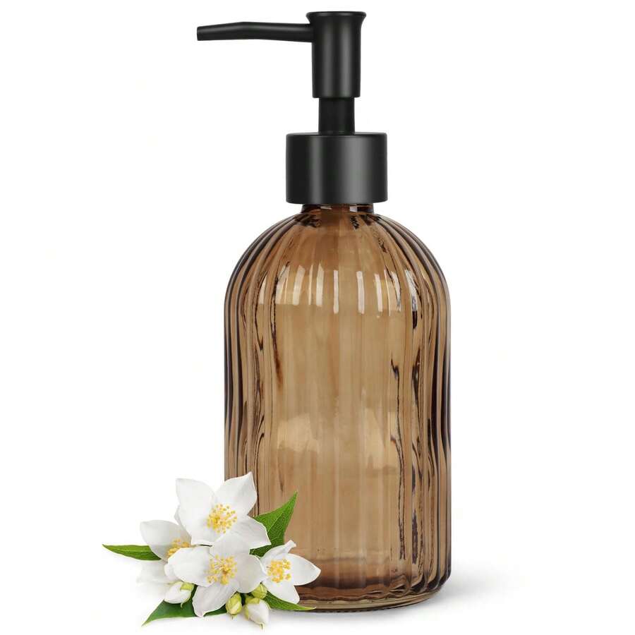 Stripe-Patterened Glass Soap Dispenser With Black Plastic Pump, 400ml Liquid Hand Soap Dispenser, Rustproof Pump For Kitchen & Bathroom, Great For Lotions, Essential Oil, Liquid Soaps-Amber - 茶色 - 查看 1