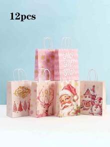 24 bolsas de regalo de Navidad rosas con estampados de Papá Noel y renos - Bolsas de papel kraft, adecuadas para regalos navideños, recuerdos de fiesta y compras - Excelentes para celebraciones de cumpleaños y manualidades