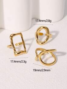 3 件套时尚简约高端镀层不锈钢几何方形和椭圆形开口戒指，适合女性日常佩戴和派对