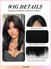 TOPSHE elegante gerade Perücke für Frauen, schwarze 14-Zoll Rosennetzkappe, hitzebeständige Kunstfaser, stufiger Stil hitzeresistente synthetische Flechtperücke, Perücken-Accessoires, für Alltag, Party, Cosplay