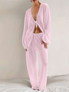 A Set Of Plain-Colored Semi-Transparent Fabric V-Neck Lace Long-Sleeved, Waist-Tied Straight-Leg Pants For Home Pajamas - Hồng - Xem 1