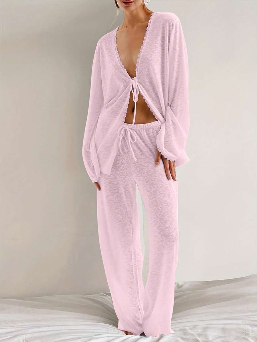 A Set Of Plain-Colored Semi-Transparent Fabric V-Neck Lace Long-Sleeved, Waist-Tied Straight-Leg Pants For Home Pajamas - Hồng - Xem 1